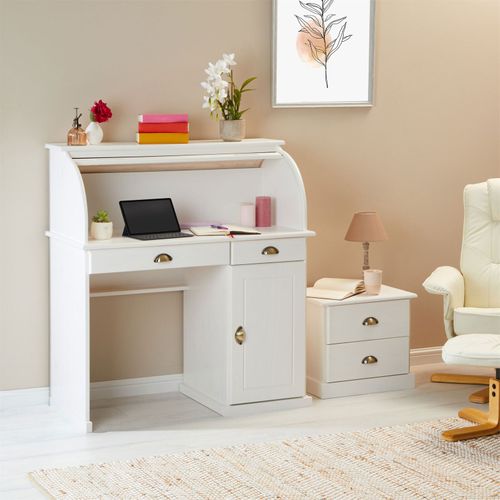 Bureau Secrétaire Tom Avec 2 Tiroirs Et 1 Porte En Pin Massif Lasuré Blanc