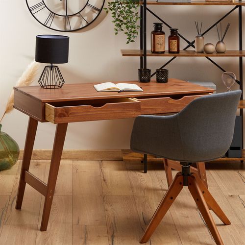 Bureau Milo En Pin Massif Lasuré Brun Foncé Avec 2 Tiroirs