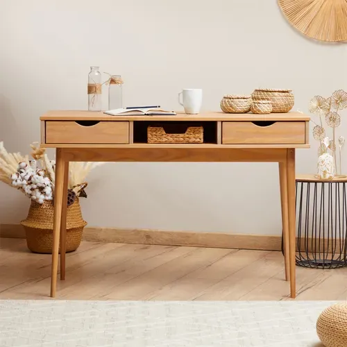 Bureau Stefano En Pin Massif Avec 2 Tiroirs Et 1 Niche Lasuré Brun