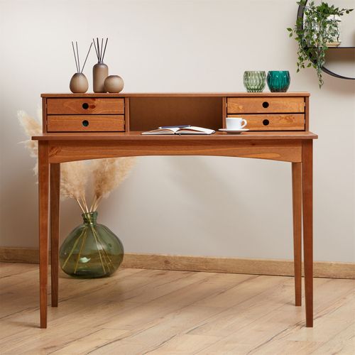 Bureau Secrétaire Milano En Pin Massif Avec 4 Tiroirs Et 1 Niche Lasuré Brun Foncé