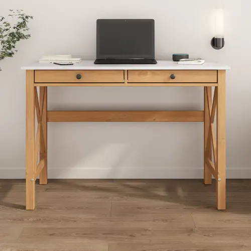 Bureau Adrian L 110 Cm 2 Tiroirs En Bois Massif - Blanc Et Chêne