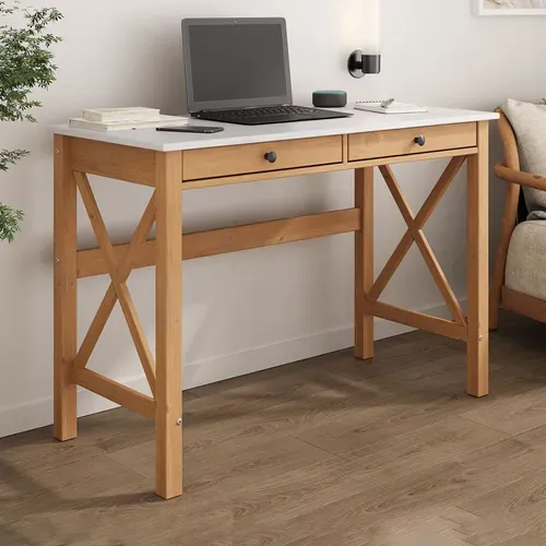 Bureau Adrian L 110 Cm 2 Tiroirs En Bois Massif - Blanc Et Chêne