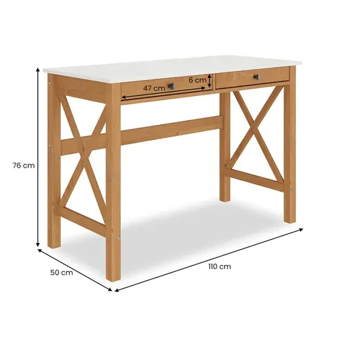 Bureau Adrian L 110 Cm 2 Tiroirs En Bois Massif - Blanc Et Chêne
