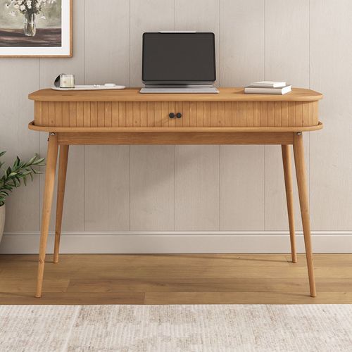 Bureau Jari Avec Porte Coulissante, En Bois Massif - Coloris Chêne