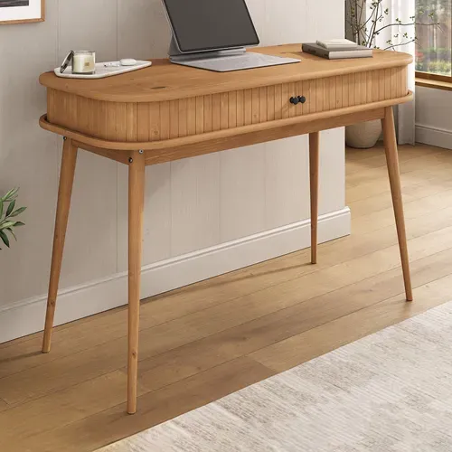 Bureau Jari Avec Porte Coulissante, En Bois Massif - Coloris Chêne
