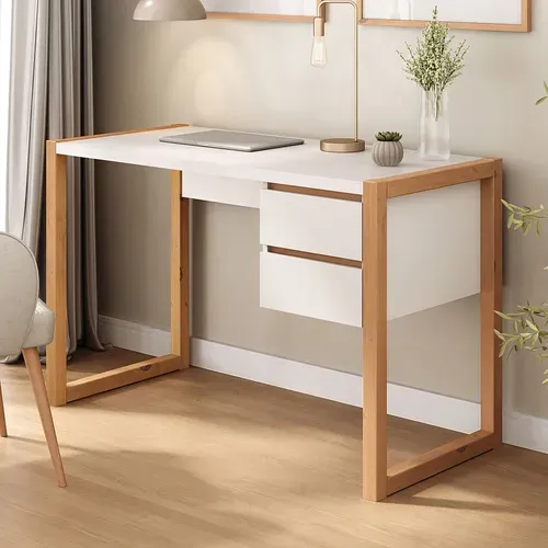 Bureau Belinda L 118 Cm 2 Tiroirs En Bois - Blanc Et Chêne