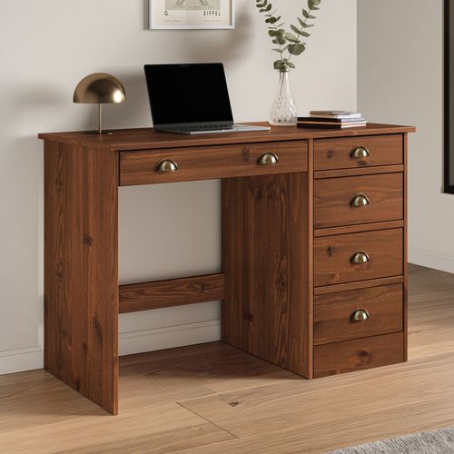 Bureau Lana Avec 5 Tiroirs En Pin Massif - Brun Foncé