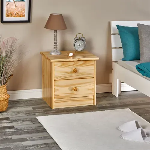 Table De Chevet En Pin Rondo 2 Tiroirs, Vernis Naturel