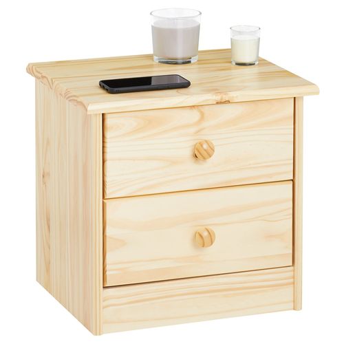 Table De Chevet En Pin Rondo 2 Tiroirs, Vernis Naturel