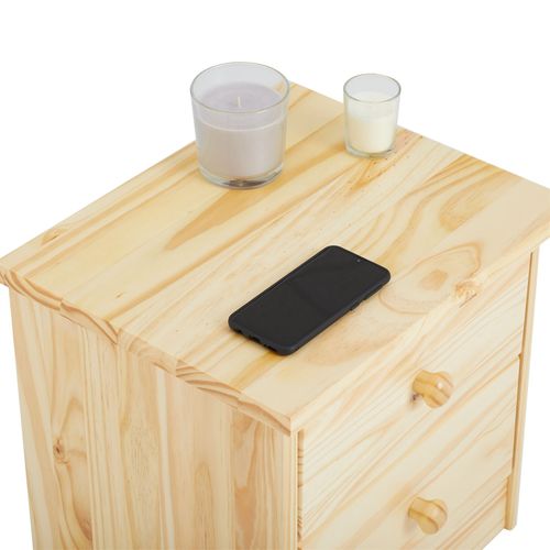 Table De Chevet En Pin Rondo 2 Tiroirs, Vernis Naturel