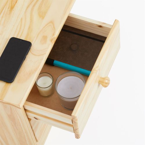 Table De Chevet En Pin Rondo 2 Tiroirs, Vernis Naturel