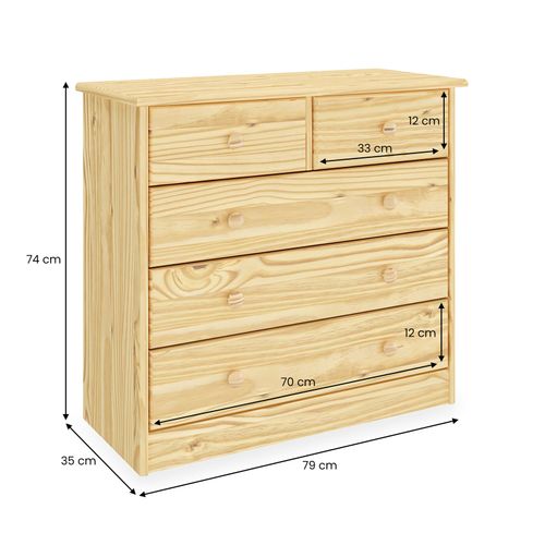 Commode En Pin Rondo, 2+3 Tiroirs, Vernis Naturel