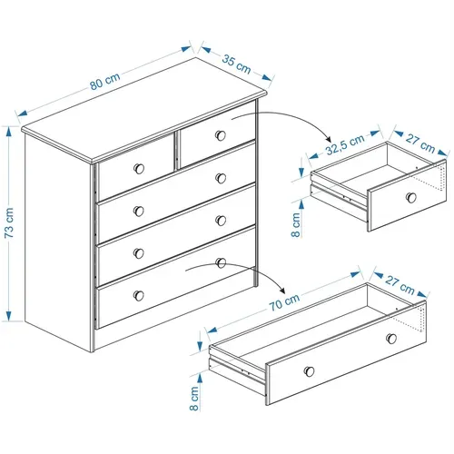 Commode En Pin Rondo, 2+3 Tiroirs, Lasuré Blanc