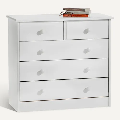 Commode En Pin Rondo, 2+3 Tiroirs, Lasuré Blanc