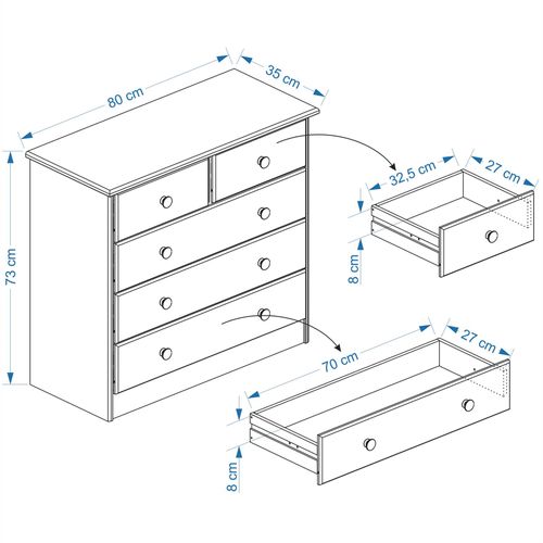 Commode En Pin Rondo, 2+3 Tiroirs, Lasuré Blanc Et Rose