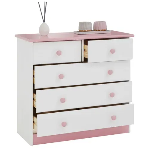 Commode En Pin Rondo, 2+3 Tiroirs, Lasuré Blanc Et Rose
