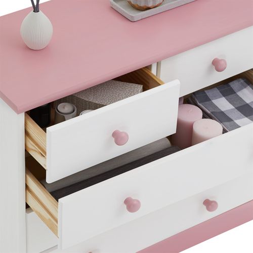 Commode En Pin Rondo, 2+3 Tiroirs, Lasuré Blanc Et Rose