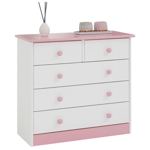 Commode En Pin Rondo, 2+3 Tiroirs, Lasuré Blanc Et Rose