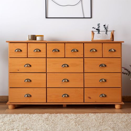 Commode Apothicaire Colmar En Pin Massif, 12 Tiroirs, Finition Cirée
