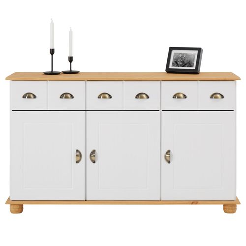 Buffet Colmar En Pin Massif, 3 Tiroirs Et 3 Portes, Lasuré Blanc Et Brun
