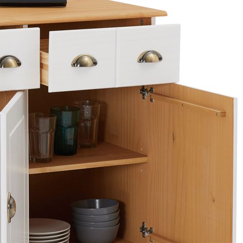 Buffet Colmar En Pin Massif, 3 Tiroirs Et 3 Portes, Lasuré Blanc Et Brun