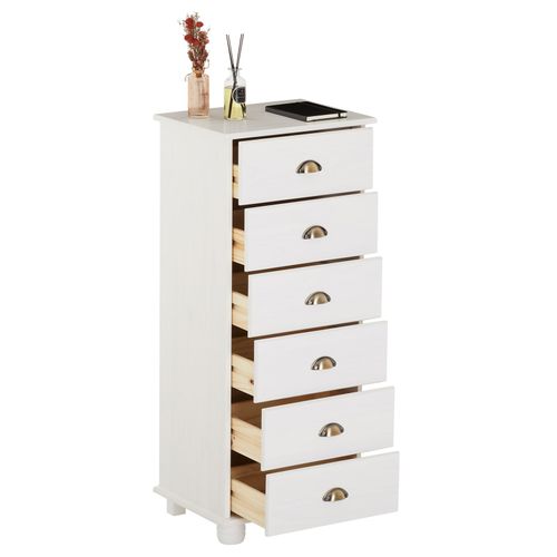 Chiffonnier Colmar En Pin Massif Lasuré Blanc, Avec 6 Tiroirs