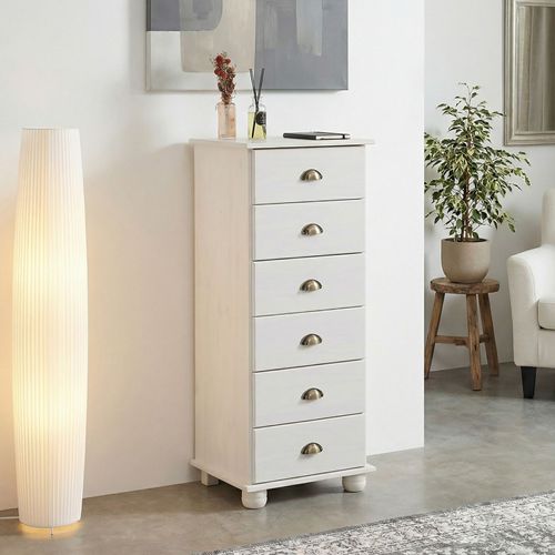 Chiffonnier Colmar En Pin Massif Lasuré Blanc, Avec 6 Tiroirs