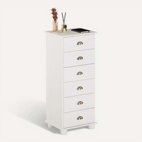 Chiffonnier Colmar En Pin Massif Lasuré Blanc, Avec 6 Tiroirs