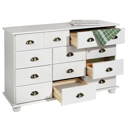 Commode Apothicaire Colmar En Pin Massif, 11 Tiroirs, Lasuré Blanc