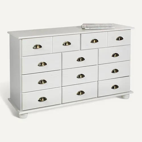Commode Apothicaire Colmar En Pin Massif, 11 Tiroirs, Lasuré Blanc