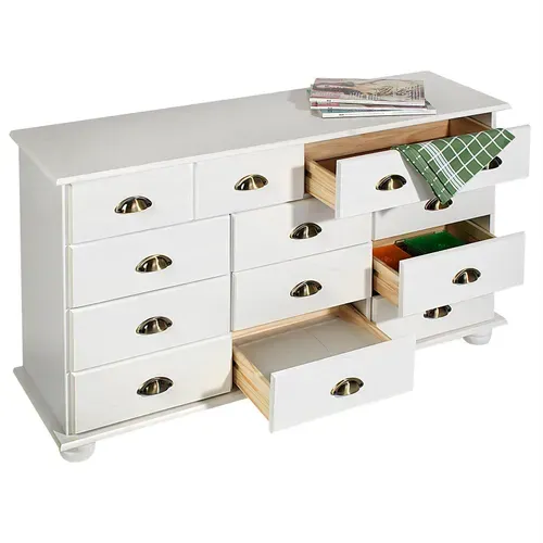 Commode Apothicaire Colmar En Pin Massif, 11 Tiroirs, Lasuré Blanc
