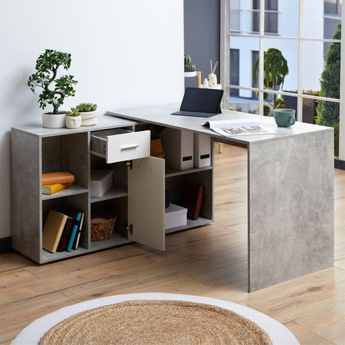 Bureau D'angle Carmen Avec Meuble De Rangement, Décor Béton Et Blanc Mat