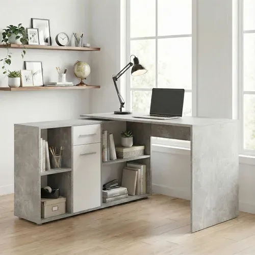 Bureau D'angle Carmen Avec Meuble De Rangement, Décor Béton Et Blanc Mat