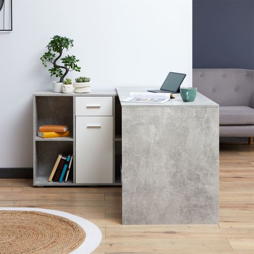 Bureau D'angle Carmen Avec Meuble De Rangement, Décor Béton Et Blanc Mat