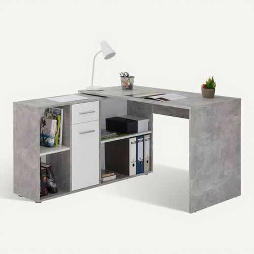 Bureau D'angle Carmen Avec Meuble De Rangement, Décor Béton Et Blanc Mat
