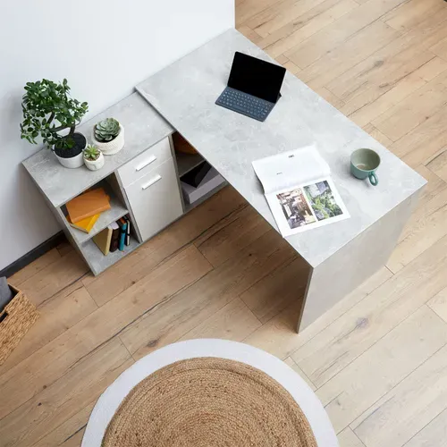 Bureau D'angle Carmen Avec Meuble De Rangement, Décor Béton Et Blanc Mat