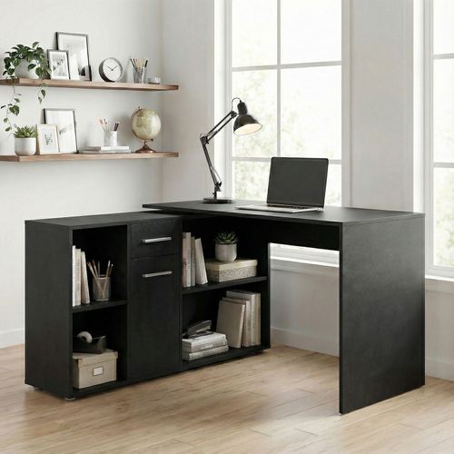 Bureau D'angle Carmen Avec Meuble De Rangement, Décor Béton Foncé