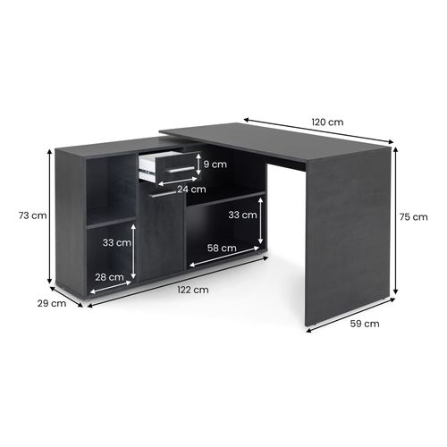 Bureau D'angle Carmen Avec Meuble De Rangement, Décor Béton Foncé