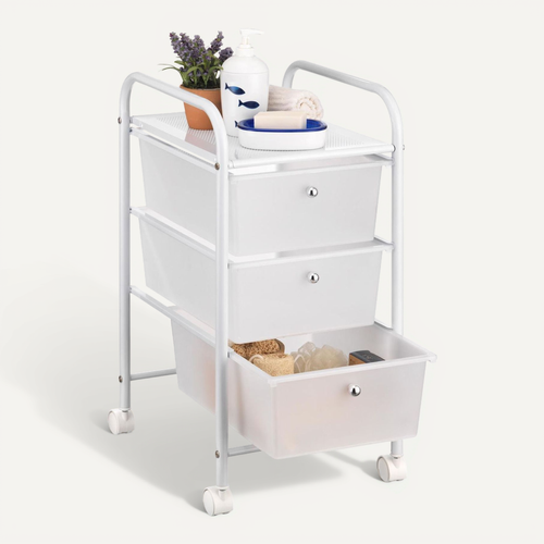 Caisson Sur Roulettes Gina, En Métal Laqué Blanc Avec 3 Tiroirs En Plastique Blanc
