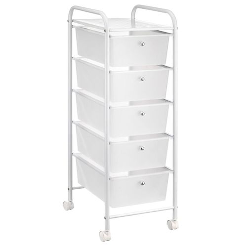 Caisson Sur Roulettes Gina, En Métal Laqué Blanc Avec 5 Tiroirs En Plastique Blanc