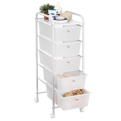 Caisson Sur Roulettes Gina, En Métal Laqué Blanc Avec 5 Tiroirs En Plastique Blanc