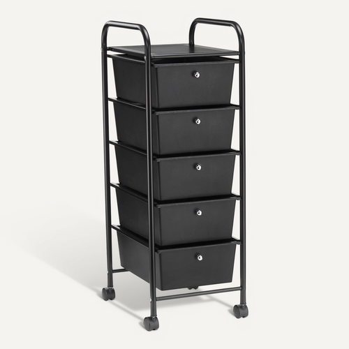 Caisson De Rangement Sur Roulettes Gina 5 Tiroirs, En Plastique Noir Et Métal