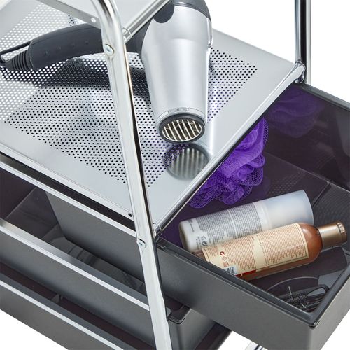 Caisson Sur Roulettes Gina, 3 Tiroirs Et 2 Étagères, En Plastique Noir Et Métal