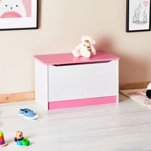 Coffre à Jouets Hannah, En Pin Massif Lasuré Blanc Et Rose