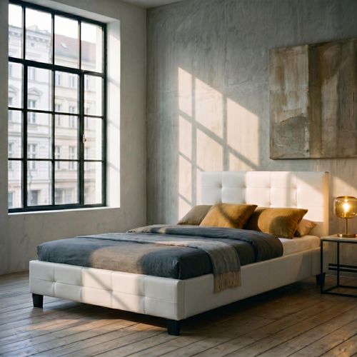 Lit Simple Marlon, 120 X 190 Cm, Capitonné Avec Sommier, Revêtement Synthétique Blanc