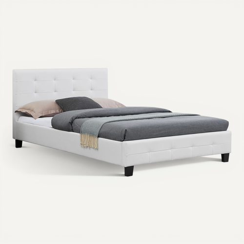 Lit Simple Marlon, 120 X 190 Cm, Capitonné Avec Sommier, Revêtement Synthétique Blanc