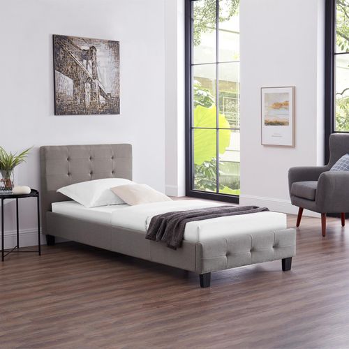 Lit Simple Reve, 90 X 190 Cm, Capitonné Avec Sommier, Revêtement En Tissu Gris