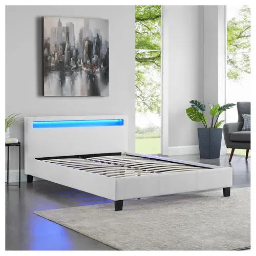 Lit LED Double Pinot 140x190 Cm, Avec Sommier, Revêtement Synthétique Blanc