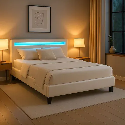 Lit LED Double Pinot 140x190 Cm, Avec Sommier, Revêtement Synthétique Blanc