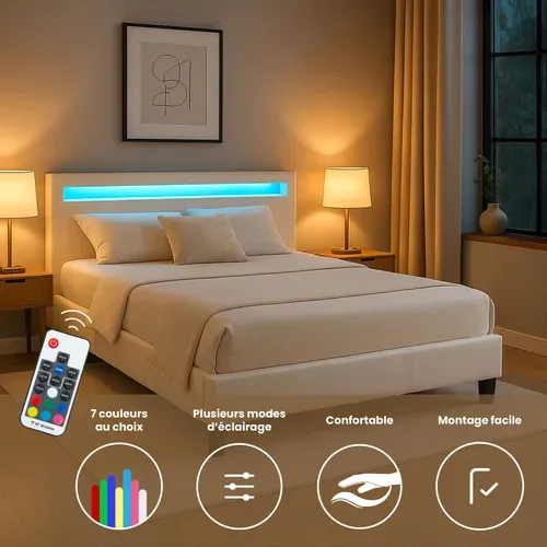 Lit LED Double Pinot 140x190 Cm, Avec Sommier, Revêtement Synthétique Blanc